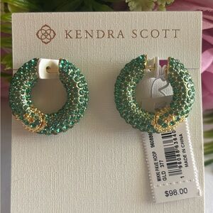 NWT Kendra Scott Mikki Pave Hoop Earrings in Gold Green Crystal